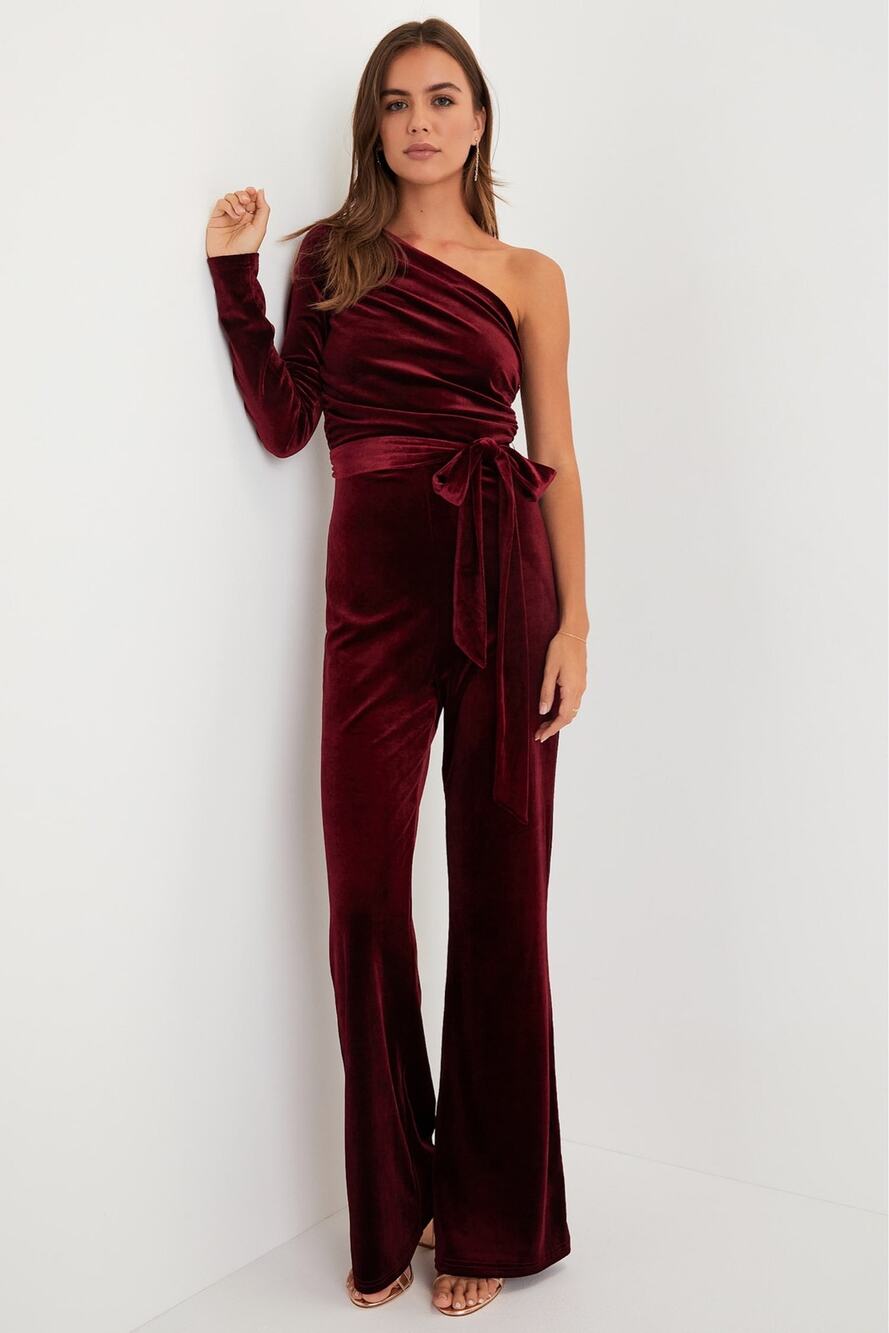Extraordinary Vibe Burgundy Velvet One-Shoulder Jumpsuit NWT Size Small